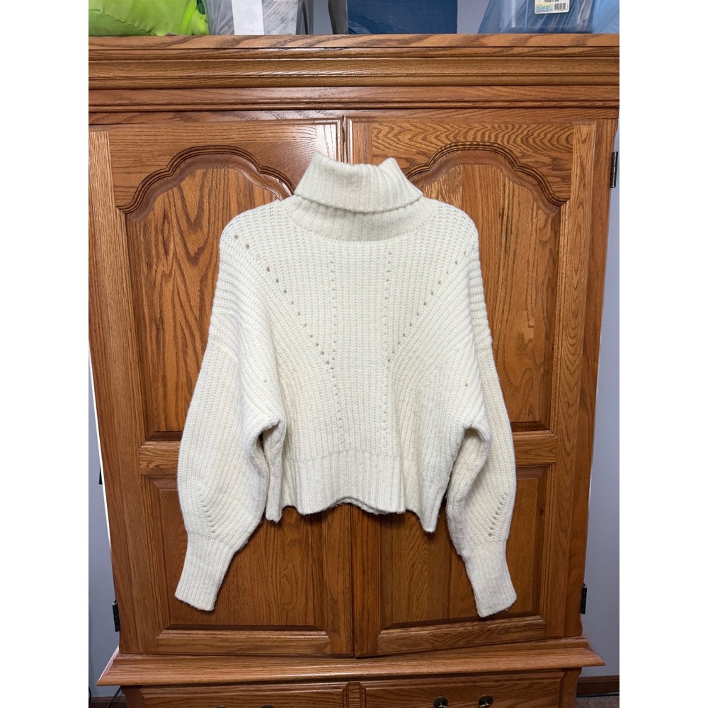 Varley Rogan Cropped Knit Sweater Egret Cream White Turtleneck Balloon Sleeve S